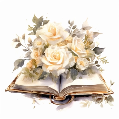 watercolor, white background, clipart, watercolor, white background, ultra-realistic and hyper-detailed clipart beautiful cozy open book with white roses, white and rich gold hues