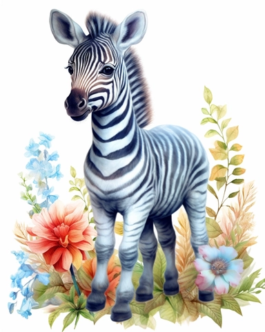 detailed watercolor Baby Zebra standing on flowers , hyper realistic, isolated on a white background, clipart