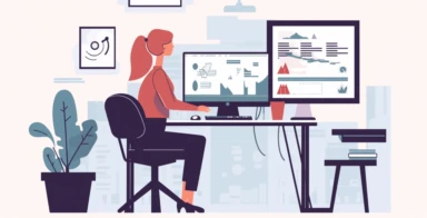 woman learning on computer screen in style of clipart
