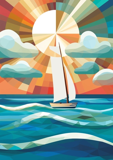 isolated clip art image cubism art style themed sailing boat on the horizon, ocean