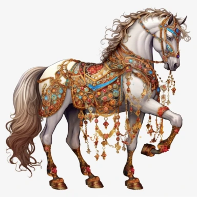 A female horse in the style of James Christensen, clipart, watercolor style, fantasy, ultra detailed, white plain background, single object, print on demand image, PNG transparent background, white background for removing background - - no text shadow font watermark, 8k