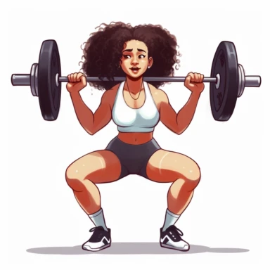 White Female Olympic weightlifting, brunette, sexy, squatting with barbell over head, detailed face, detailed hands, long beautiful hair, sports clothes, cartoon realistic art, clipart style, solid white background
