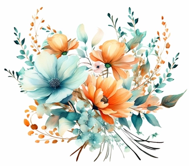 watercolor clipart of a empty suttle dainty floral no frame surrounded by turquoise color flowers and coral color flowers. Capture the essence of blooming beauty and intricate details in your artwork, white background