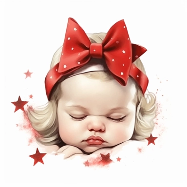 watercolour style cute chubby size baby girl curled up asleep frowning her eyebrows dribbling from mouth a red bow on head fine details Christmas dress with stars wide background png plain background clipart