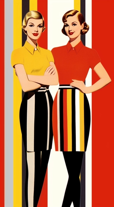 cartoon clipart of two women, in the style of horizontal stripes, working-class subjects, photo taken with ektachrome, yellow and red, 1940s–1950s, cottagecore, 1860–1969
