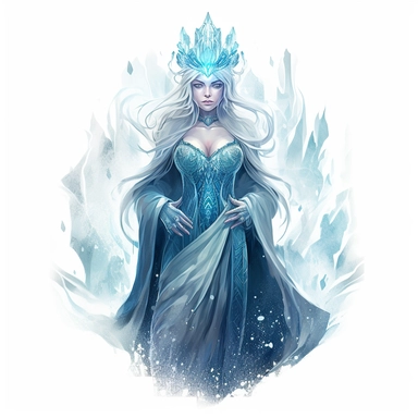 a watercolor clipart with white background of a ice queen with a frosty gown and icy powers, in the style of neon realism, detailed atmospheric portraits, dark and intricate, serene faces, yup'ik art, 2d game art, glowwave, 2d, glowwave, ethereal figures