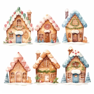 very simple watercolour childrens book style drawing of different cute gingerbread houses, pastel colours soft on white background for clipart, 8k