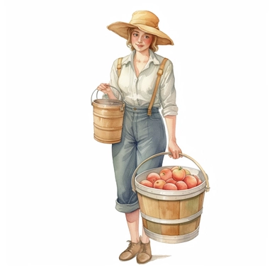 Cute french - style a stylish farmer woman holding bucket of peaches clipart, 1940, watercolor, realistic watercolor painting in storybook illustration, pencil drawing by Angela Barrett, Elsa Beskow, highly detailed, 8k, high resolution, crisp details, white background