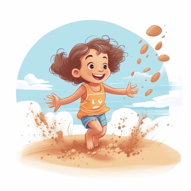 cute baby girl throwing sand at the beach, summer time clipart