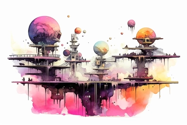 Watercolor, Imagine a planet with a cityscape made entirely of levitating platforms and walkways clipart, hd, on a white background, spaced out