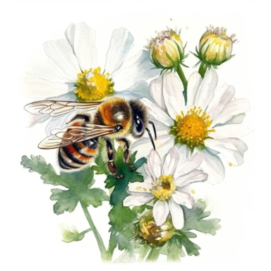 watercolor clipart, A close-up of a honey bee collecting nectar from a wildflower flower, white background