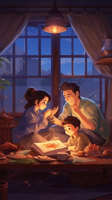 The family gathers in the living room for a beloved movie night. The father and children share laughter and emotions, spending an enjoyable evening together.Chinese style,watercolor clipart, high quality,high detail,32K