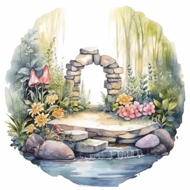Clipart, isolated on white background, beautiful cute Watercolor water well through the stones, forest woodland nature landscape scenery, plants and flowers, ornated, pastel colors