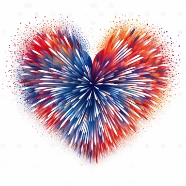 Fireworks Heart Shape: Design clipart showcasing fireworks arranged in the shape of a heart. Incorporate vibrant colors and intricate details to create a visually stunning and love-themed firework design. patriotic pattern, stars and stripes, red white and blue, delicate detail, watercolor, in the style of artgerm, 2d game art, quadratura, clipart, on white background,