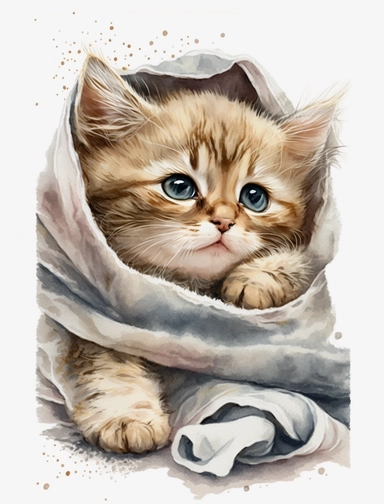 baby cat in a blanket, watercolor clipart, transparent background