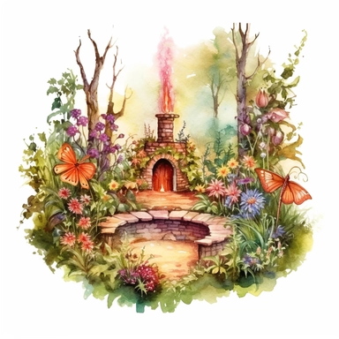watercolor fire Fairy garden, A lush garden filled with vibrant flowers, aromatic herbs, and secret nooks for fairies to restf, lame around, detailed, hd, clipart