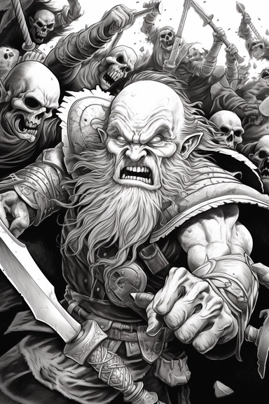 realistic style, bold black lines, fantasy dwarf armies in combat with orcs using axes and hammers hitting themed colouring page, bold black lines, clipart, digital art, colouring page for adults