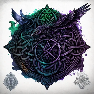 ink wash celtic pattern talisman clipart on transparent background, rodney matthews style, no splash, black inky blue purple violet green, single sheet, 4k