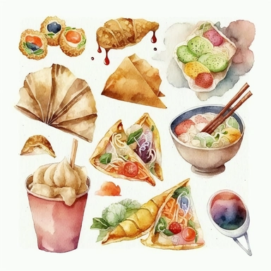 Watercolor sketch of cute Asian food objects, detailed, flat, happy mood, cozy, warm colors, white background, watercolor, hyperrealism, high detail, isolated elements, set, clipart