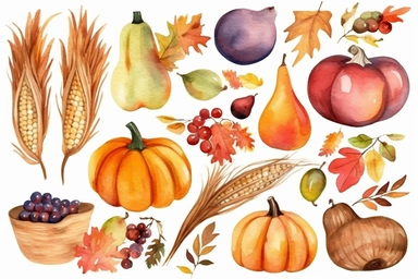 Watercolor Fall Cornucopia clipart. Autumn Harvest Clip Art, Thanksgiving Day art
