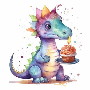 High resolution, cute dinosaur holding birthday cake, watercolor clipart, completely white background
