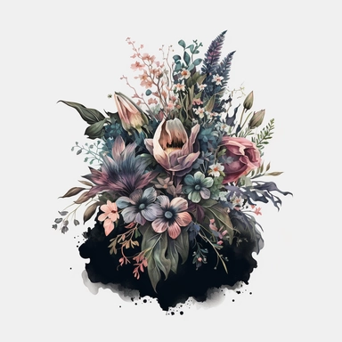 Clipart aquarelle, detailed realistic flower Bouquet tribute, related to loss, sorry, funeral. dark colors, dark theme. white background,