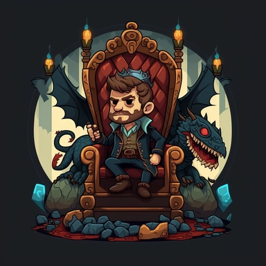 main bad guy sitting on a dragon throne in a new epic medieval fantasy dnd themed cartoon movie geared to tweens, style of Gravity Falls, Clipart, solid background