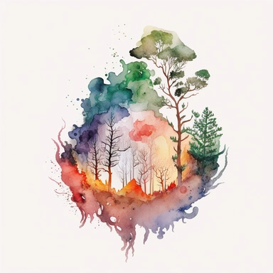 watercolor clipart by studio ghibli of forest fire white background