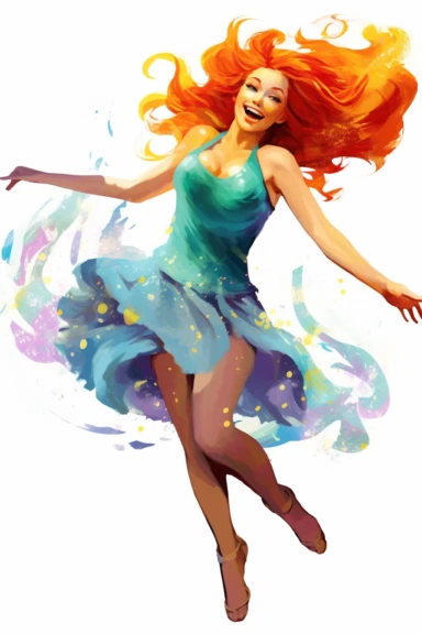 Clipart style, one isolated full-body figure of Ariel, dancing or standing or laughing, kind cartoon characters, highly detailed but for kids, oil painting style with pall point pen accents, volume and bright colors, white background