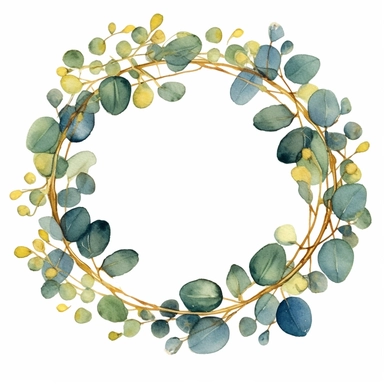 cirlce of golden vines, eucalyptus leaves on the half the vines, wreath, not a lot of leaves, watercolour clipart