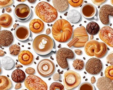 realistic image bakery and coffee shop photo clipart pattern on white background