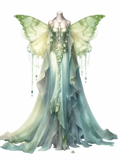 ethereal luna moth chiffon gown with elegant laces and rhinestones, watercolor illustration clipart, 4k, extremely detailed, magic, haute couture,