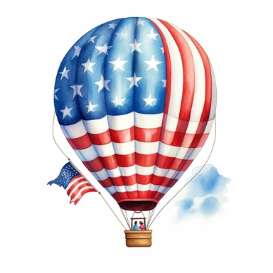 Envision a whimsical clipart displaying a hot air balloon floating in a blue sky, adorned with patriotic colors, against a crisp white backdrop, embodying the sense of freedom and adventure during Independence Day. , clipart, white background