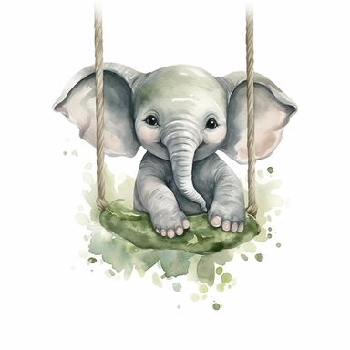 Clipart, Full Body Watercolour Cute baby Elephant, baby elephant swinging in the tree, cute face, highly detailed, 8K white background — 4: 5