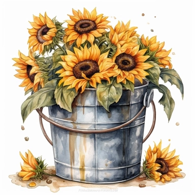 wide bucket full of sunflowers, detailed, watercolor, clipart, white backgrounds