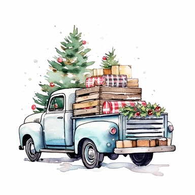 High resolution Let it snow, Beautiful decorated christmas tree in the back of a pickup, grid, contemporary diy, white background, mixed patterns, realistic, scrapbook, high resolution, , style by Lucy Fleming, watercolor, smooth gradients, black contour