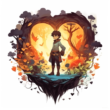 The clipart represents a mysterious journey into the depths of a haunted forest where an ancient curse resides. The protagonist, a young adventurer, embarks on a quest to break the curse and free the trapped souls within the heart-shaped flowers. clipart, white background