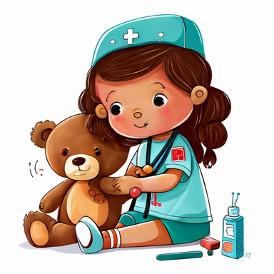 a cartoon clipart image featuring a cute eight-year-old girl playing doctor with her teddy bear, on a plain white background. The bear should look as if it has a cold or is slightly ill, perhaps with a runny nose. Make the image colorful and engaging.