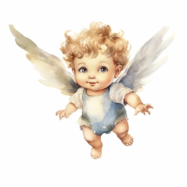 Watercolor flying cherub clipart, no text on white background