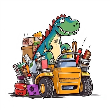 a cute cartoon T-Rex driving a big forklift with SCHOOL SUPPLIES as Index cards,Lunch box,Sharpie pens,Highlighters,Erasers,Pencil sharpener,Pencils,Ballpoint pens, that can be used as a sticker, colorful, high detailed, white background, style of pixar clipart, white background,--no cut off edges