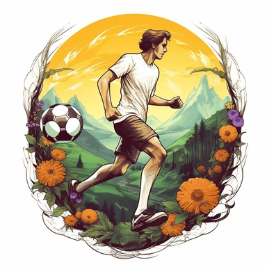 white background, football player with ball on foot, closeup, sticker, artwork of t shirt graphic of majestic forest, in digital painting style , beautiful flowers, sunset mountains and clouds , big vines, stone temple covered in vines , plants surround, highly detailed clean, vector image, photorealistic masterpiece, professional photography, realistic, flat white background, isometric, vibrant vector, clipart, illustration, realism, 4k, , cinematic, front view, paradise, extremely white backgr