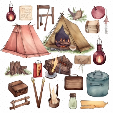 camping clipart camping clipart, in the style of tanya shatseva, light maroon and bronze, ephemera, gari melchers, grid-based, ilford pan f, happening, white background