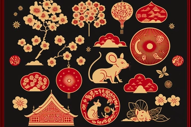 chinese new year design element set rat mouse fireworks cloud lantern flower blossom plum red gold gold coin zodiac signs symbol animal happy 2023 holiday lunar japanese korean vietnamese style traditional geometric text isolated clip art collection bundle silhouette hand-drawn art vector illustration graphic print concept flat line realistic high quality detailed