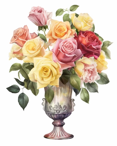 Watercolor clipart of a vase with mix of various colors of roses like pink + yellow + white , isolated from solid white background, 8k, intricate details, boardwalk colors