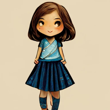 teenage girl in pale blue shirt, navy blue skirt, brown eyes, cartoon clipart style, cute