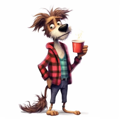 a very skinny dog with frizzed out hair, holding a mug of coffee, tired, flannel plaid pajamas, cartoon, pixar style, full body image, clipart, white background