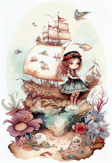 WHIMSICAL FANTASY Magical NAUTICAL SCENE with sea shells and butterflies and a CUTE PIRATE GIRL AND PIRATE SHIP by [Rebecca Latham + Sarah Stribbling + sumi-e + nicoletta ceccoli], epic scene, soft watercolor vintage CLIPART, illustration, hyper realistic, intricate detail clipart, watercolor, painterly, Jean-Baptiste Monge, drawing on top of old grunge beautiful scrapbooking background paper, old paper texture, decoupage printable digital background, distressed borders, vintage borders, grunge 