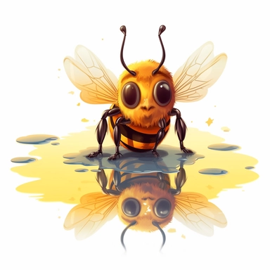 a cute clipart honeybee looking at her reflection in a puddle