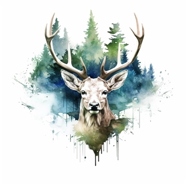 double exposure, deer head and forest,watercolor,white background,clipart