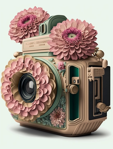 a watercolor vintage camera, profil view, surrounded by an intricate arrangement of dramatic extravagant ultra realistic digital pink and khaki 3D giant dahlias, in the style of large-scale photography, lush detailing, watercolor style, pastel colors, sacred geometry, origamy, photorealistic, playfully intricate, made of flowers, bloomcore, 8K, clipart, clear background